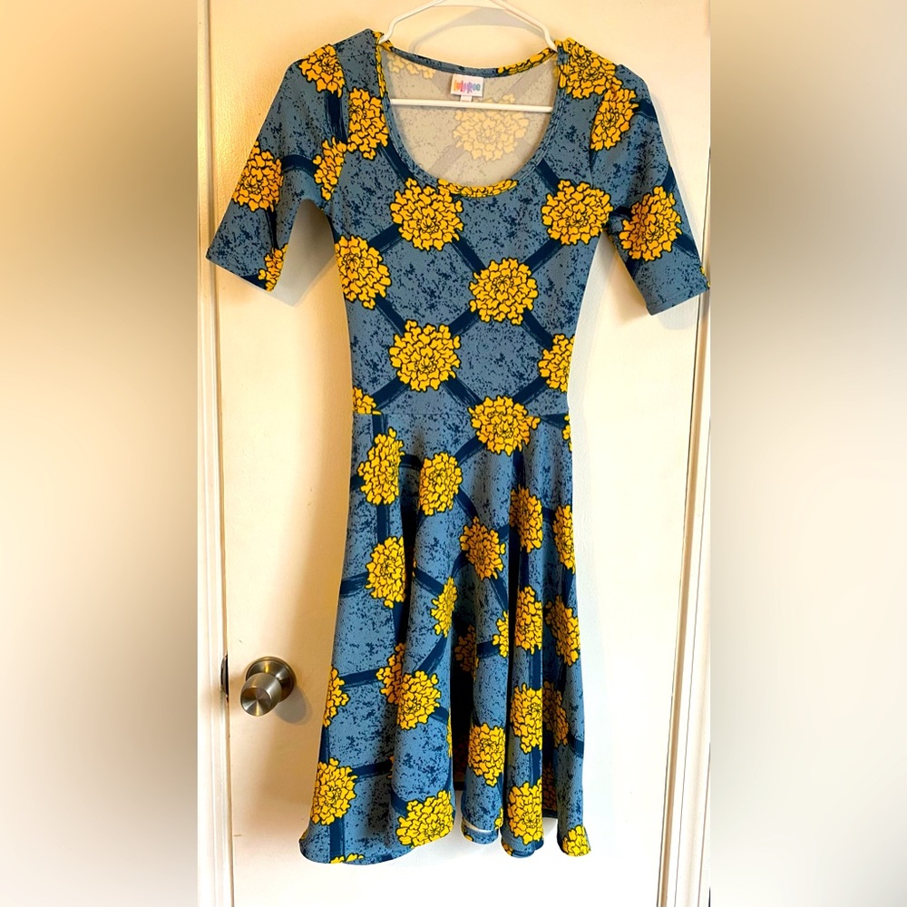 LulaRoe “Nicole” Dress Blue With Yellow Floral Pattern Women’s XXS